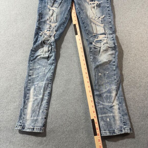 Smoke Rise Jeans Mens 32x32 Tie Die Ripped Slim Fit Distressed Washed Blue Logo - Picture 7 of 16